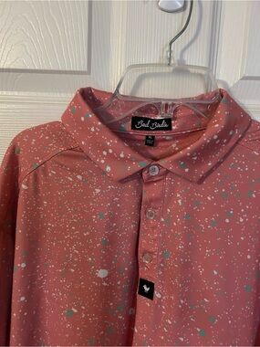 Bad Birdie Men’s XL Coral Polo with White and Teal Splatter